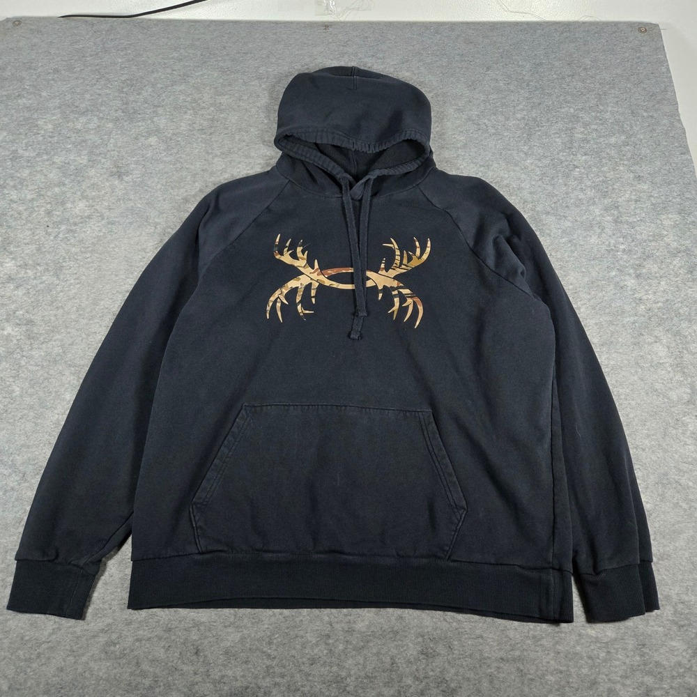 Under Armour Mens Black Antler Camo Logo Fleece Pullover Hoodie XL